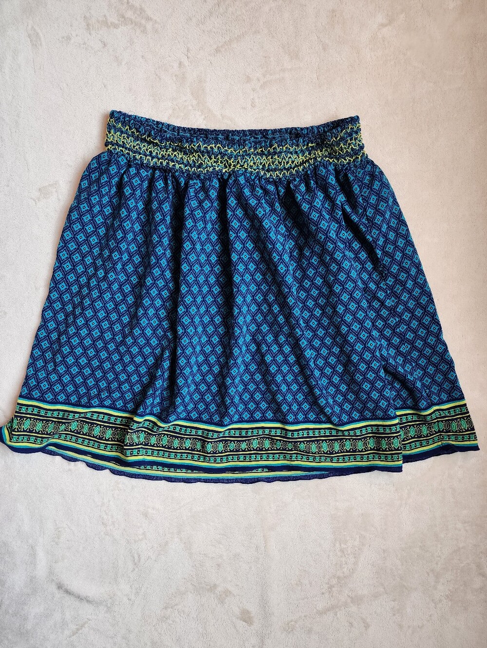 Old Navy Blue Geometric Smocked Waist Skater Skirt with Green Trim